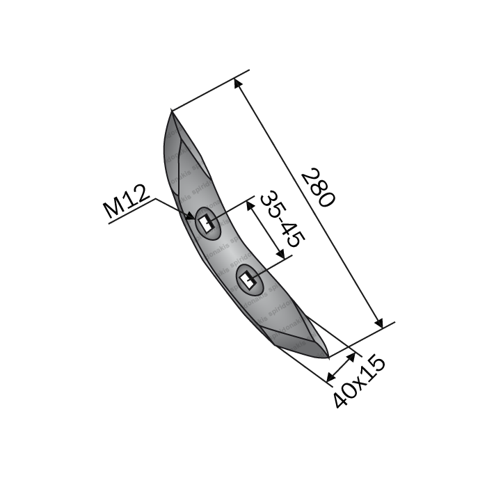 Cultivator Reversible Point 25x25 (40x15x280/35-45/M12) BPT