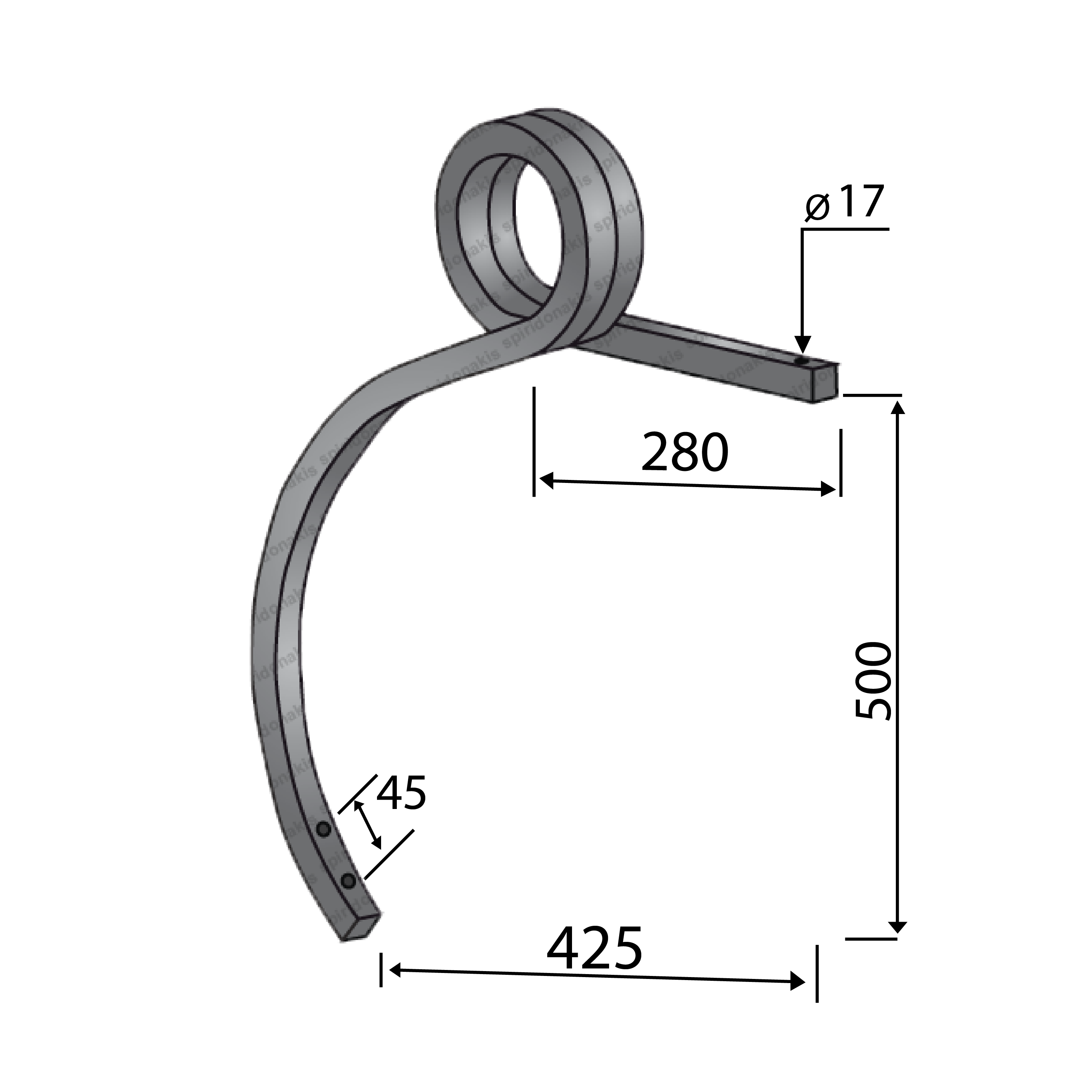 Cultivator Double Coil Tine 27x27 Without Point Left Bianchi