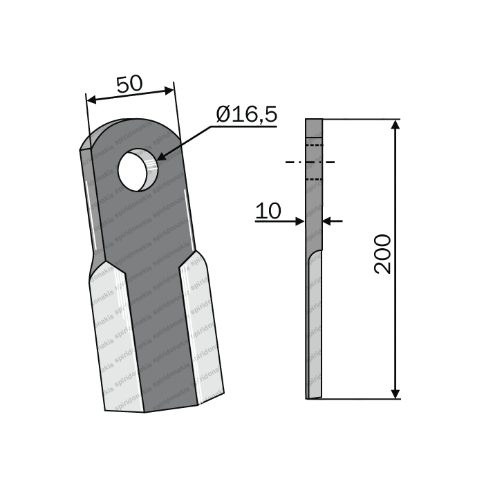 Mulcher Blade Straight 50x10/Ø16,5/L=200mm BERFOR Italy