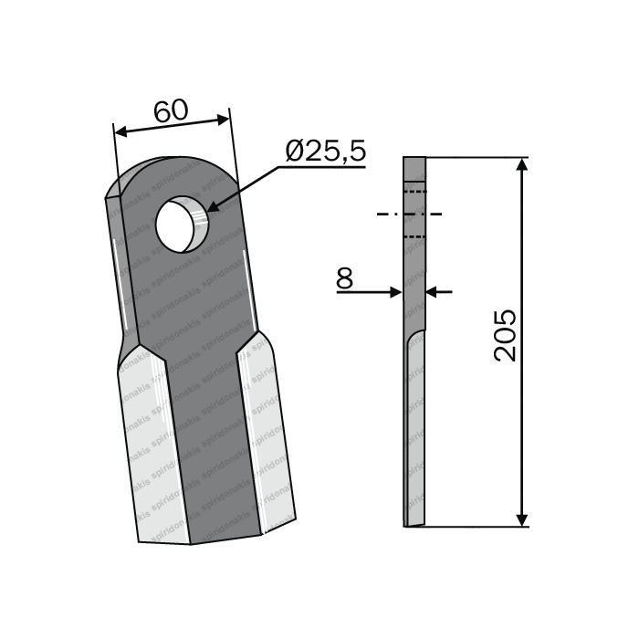 Mulcher Blade Straight 60x8/25,5/L=205mm BERFOR Italy