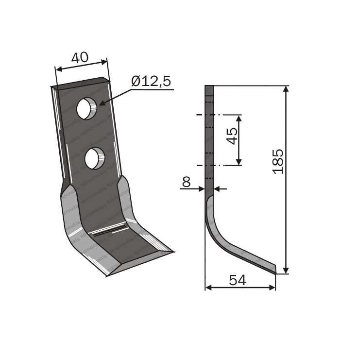 Mulcher Blade Curved 2ΤΡ 40x8 45KK 185mm 12,5mm BRUNI