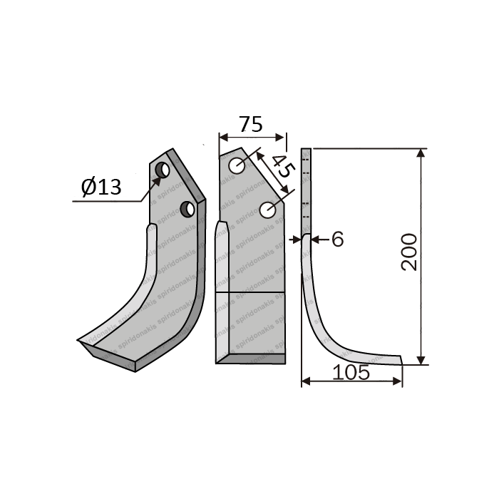Rotary Cultivator Blade Nardi Curved 75x6