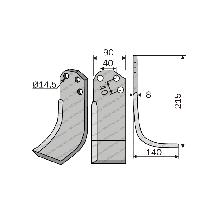 ROTARY CULTIVATOR BLADE TORT 3 HOLES ANGULAR (80Χ8/ΚΚ40Χ40/Φ14,5)