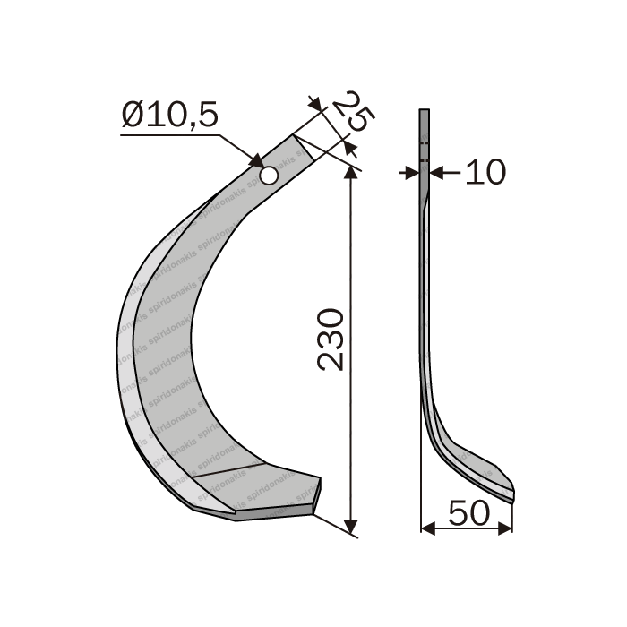 Rotary Cultivator Blade Kubota (25x10/Φ10,5) Straight-Long-Right