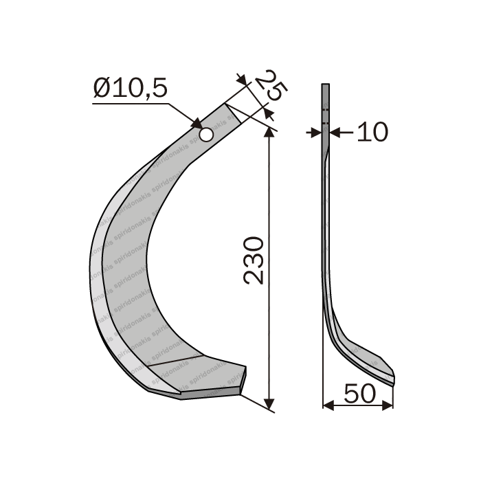 Μαχαίρι Φρέζας Kubota (25x10/Φ10,5) Ίσιο-Μακρύ-Δεξί