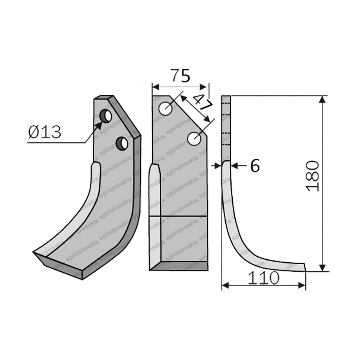 Rotary Cultivator Blade Fer-Murat. Curved 75x6