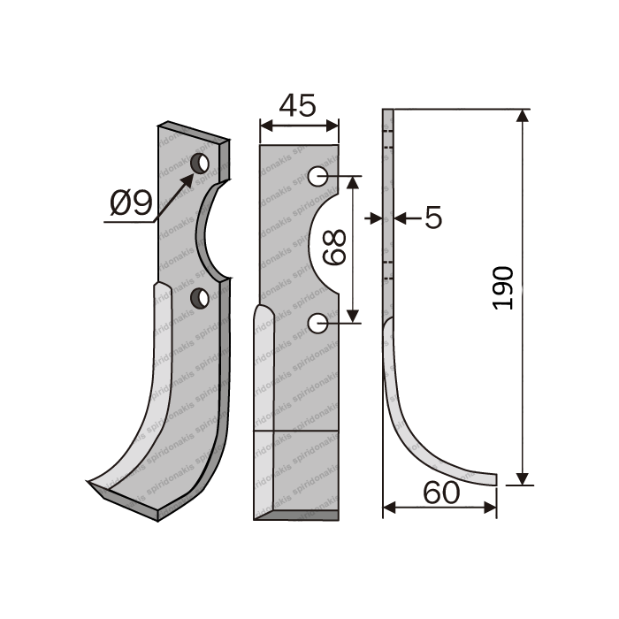 Rotary Cultivator Blade 140642 Benassi 45x5/ΚΚ68/Ø9 L190 Rotary Cultivator Blade 140642 Benassi 45x5/ΚΚ68/Ø9 L190