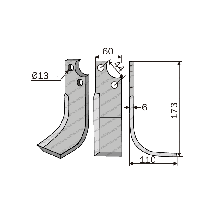 Rotary Cultivator Blade Maschio Angular (60Χ6/ΚΚ44/Φ13)