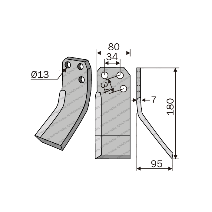 Rotary Cultivator Blade Yurdusar 3 Holes 80x7 KK34-34 Ø13