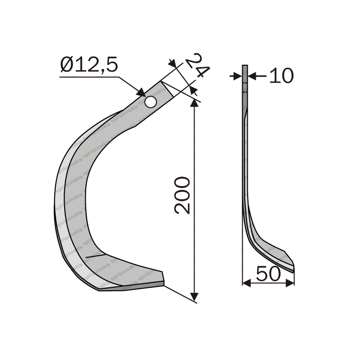 Rotary Cultivator Blade Kubota (24x10/Φ12,5) Straight-Right-Special